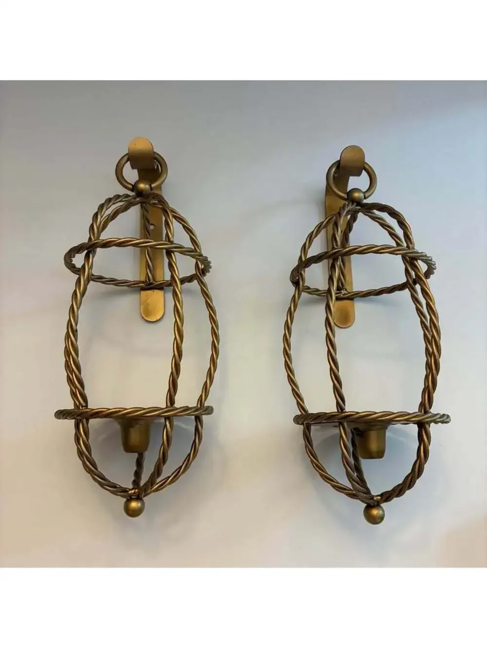 Pair Vintage Twisted Rope Metal Birdcage Wall Sconces Green Glass Candle Holders